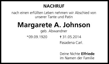 Anzeige von Margarete Johnson von MGO