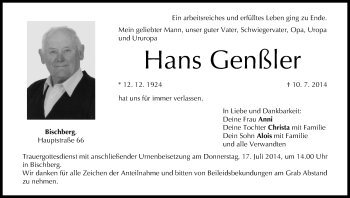 Anzeige von Hans Genßler von MGO