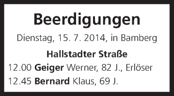 Anzeige von Beerdigungen vom 15.07.2014 von MGO