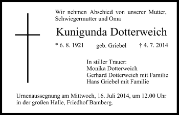 Anzeige von Kunigunda Dotterweich von MGO