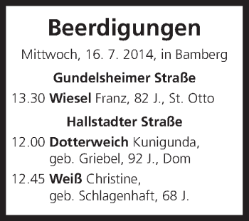 Anzeige von Beerdigungen 16.07.2014 von MGO