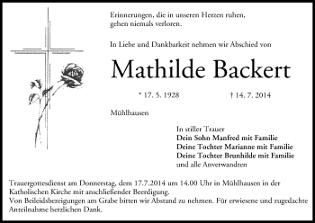 Anzeige von Mathilde Backert von MGO