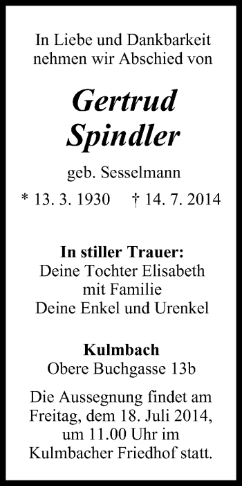 Anzeige von Gertrud Spindler von MGO