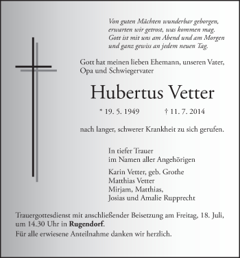 Anzeige von Hubertus Vetter von MGO