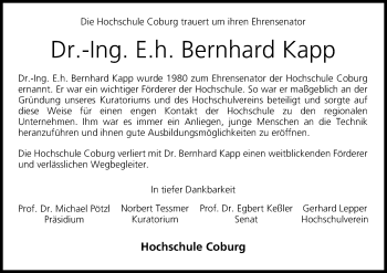 Anzeige von Bernhard Kapp von MGO
