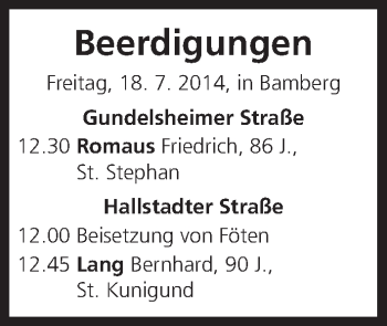 Anzeige von Beerdigungen vom 18.07.2014 von MGO