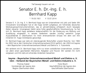 Anzeige von Bernhard Kapp von MGO