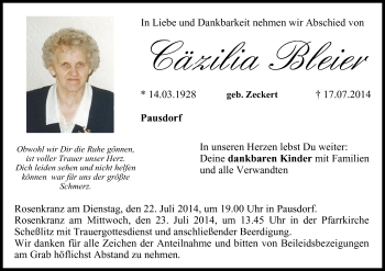 Anzeige von Cäzilia Bleier von MGO
