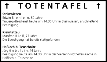 Anzeige von Totentafel vom 22.07.2014 von MGO