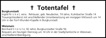Anzeige von Totentafel vom 22.07.2014 von MGO
