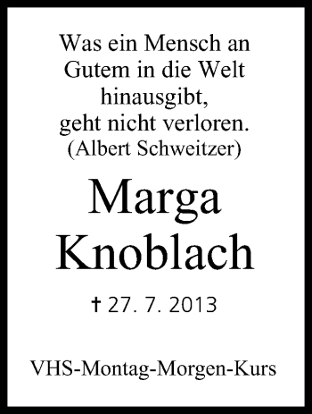 Anzeige von Marga Knoblach von MGO