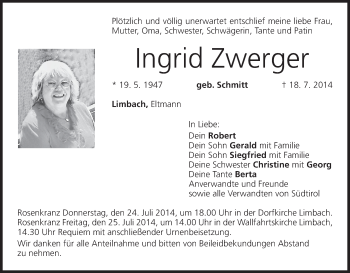 Anzeige von Ingrid Zwerger von MGO