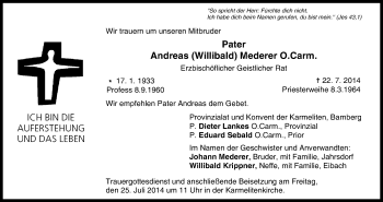 Anzeige von Andreas Willibald Mederer O. Carm.  von MGO