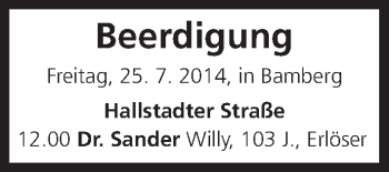 Anzeige von Beerdigung vom 25.07.2014 von MGO