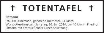 Anzeige von Totentafel vom 25.07.2014 von MGO