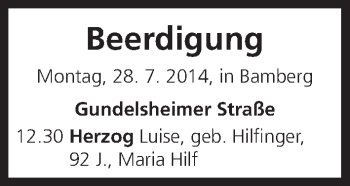 Anzeige von Beerdigung vom 28.07.2014 von MGO