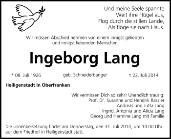 Anzeige von Ingeborg Lang von MGO