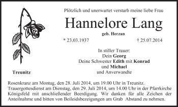 Anzeige von Hannelore Lang von MGO
