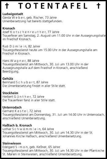 Anzeige von Totentafel vom 29,07.2014 von MGO