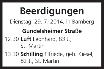 Anzeige von Beerdigungen vom 29.07.2014 von MGO