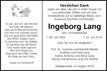 Anzeige von Ingeborg Lang von MGO