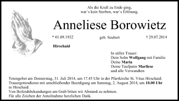 Anzeige von Anneliese Borowietz von MGO