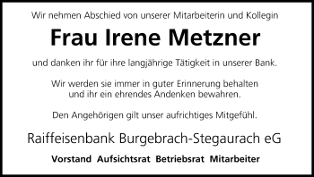 Anzeige von Irene Metzner von MGO