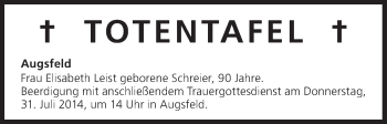 Anzeige von Totentafel vom 31.07.2014 von MGO