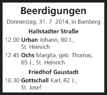Anzeige von Beerdigungen vom 31.07.2014 von MGO