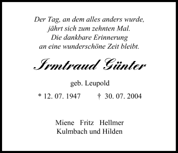 Anzeige von Irmtraud Günter von MGO