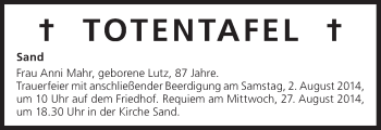 Anzeige von Totentafel 02.08.2014 von MGO