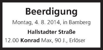 Anzeige von Beerdigung vom 04.08.2014 von MGO