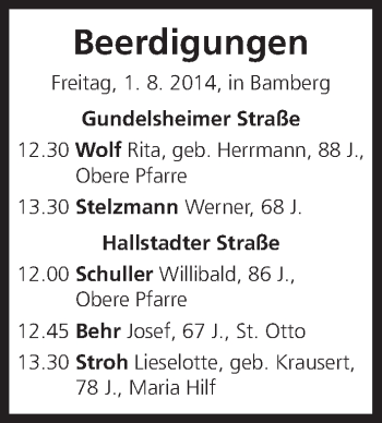 Anzeige von Beerdigungen vom 01.08.2014 von MGO
