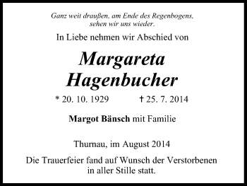 Anzeige von Margareta Hagenbucher von MGO