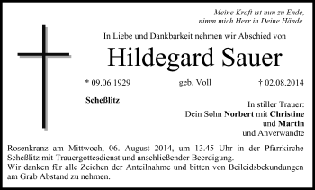 Anzeige von Hildegard Sauer von MGO