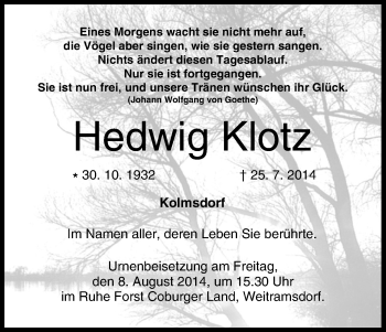 Anzeige von Hedwig Klotz von MGO