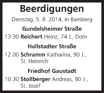 Anzeige von Beerdigungen vom 05.08.2014 von MGO