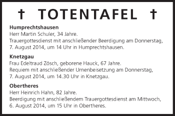 Anzeige von Totentafel, vom 08.06.2014 von MGO