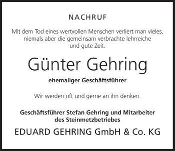 Anzeige von Günter Gehring von MGO