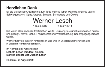 Anzeige von Werner Lesch von MGO
