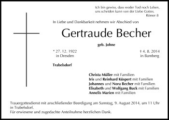 Anzeige von Gertraude Becher von MGO
