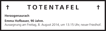 Anzeige von Totentafel vom 07.08.2014 von MGO
