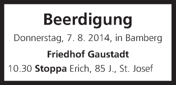 Anzeige von Beerdigung vom 07.08.2014 von MGO