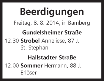 Anzeige von Beerdigungen vom 08.08.2014 von MGO