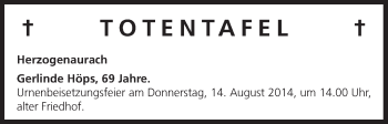 Anzeige von Totentafel vom 12.08.2014 von MGO