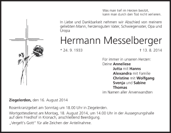Anzeige von Hermann Messelberger von MGO