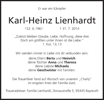 Anzeige von Karl-Heinz Lienhardt von MGO