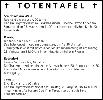 Anzeige von Totentafel vom 20.08.2014 von MGO
