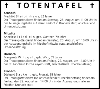 Anzeige von Totentafel vom 21.08.2014 von MGO