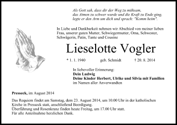 Anzeige von Lieselotte Vogler von MGO